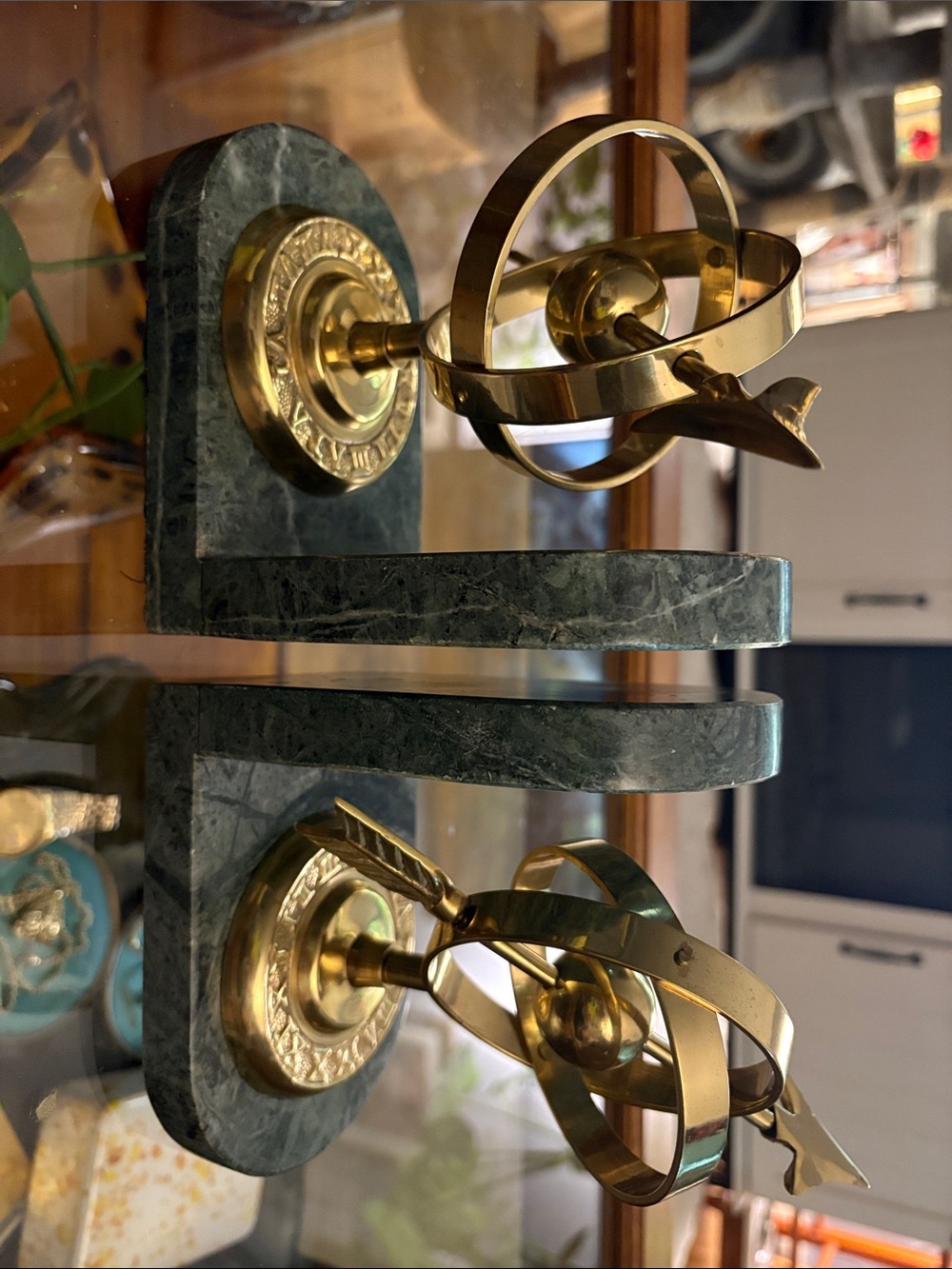 Brass Armillary Globe Decorative Bookends with Green Marble Bases